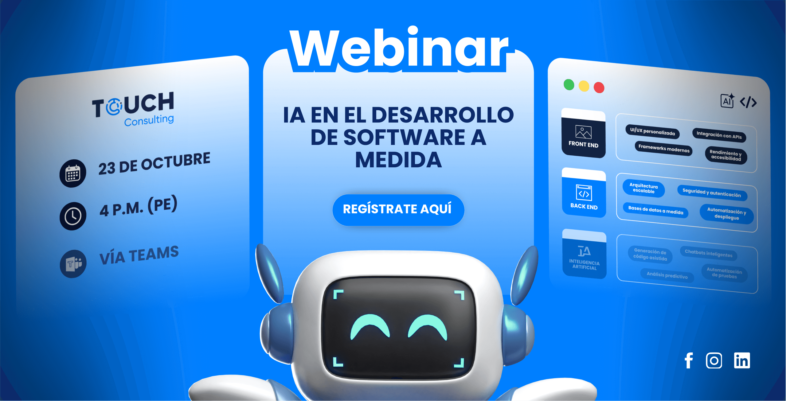 Imagen promocional de webinar organizado por TOUCH CONSULTING. Se muestra un fondo tecnológico con íconos de inteligencia artificial, código y circuitos. En el centro, el título del evento: “IA EN EL DESARROLLO DE SOFTWARE A MEDIDA”.