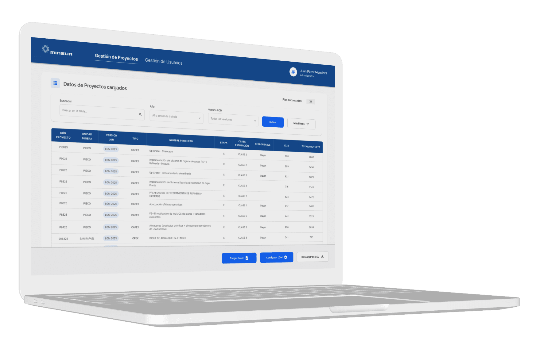 Carga Excel, visualización y filtrado del portafolio